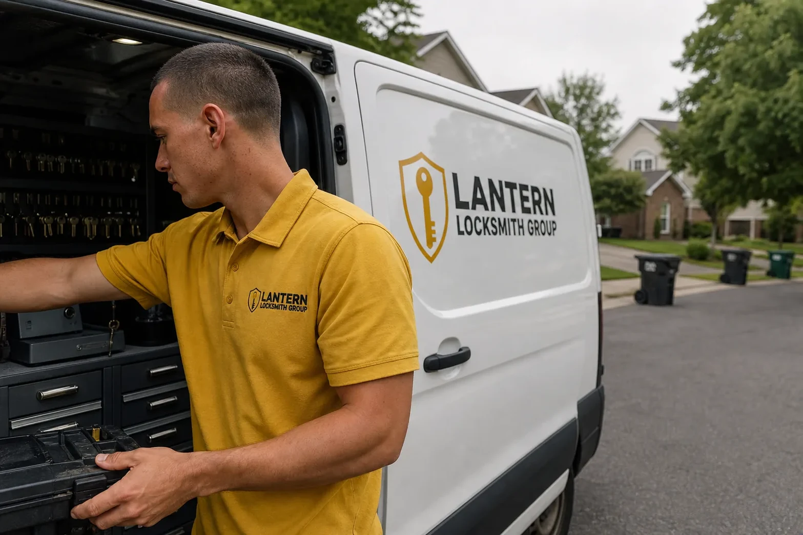 The Lantern Locksmith Group service van, stocked for lockouts and key cutting in Galveston